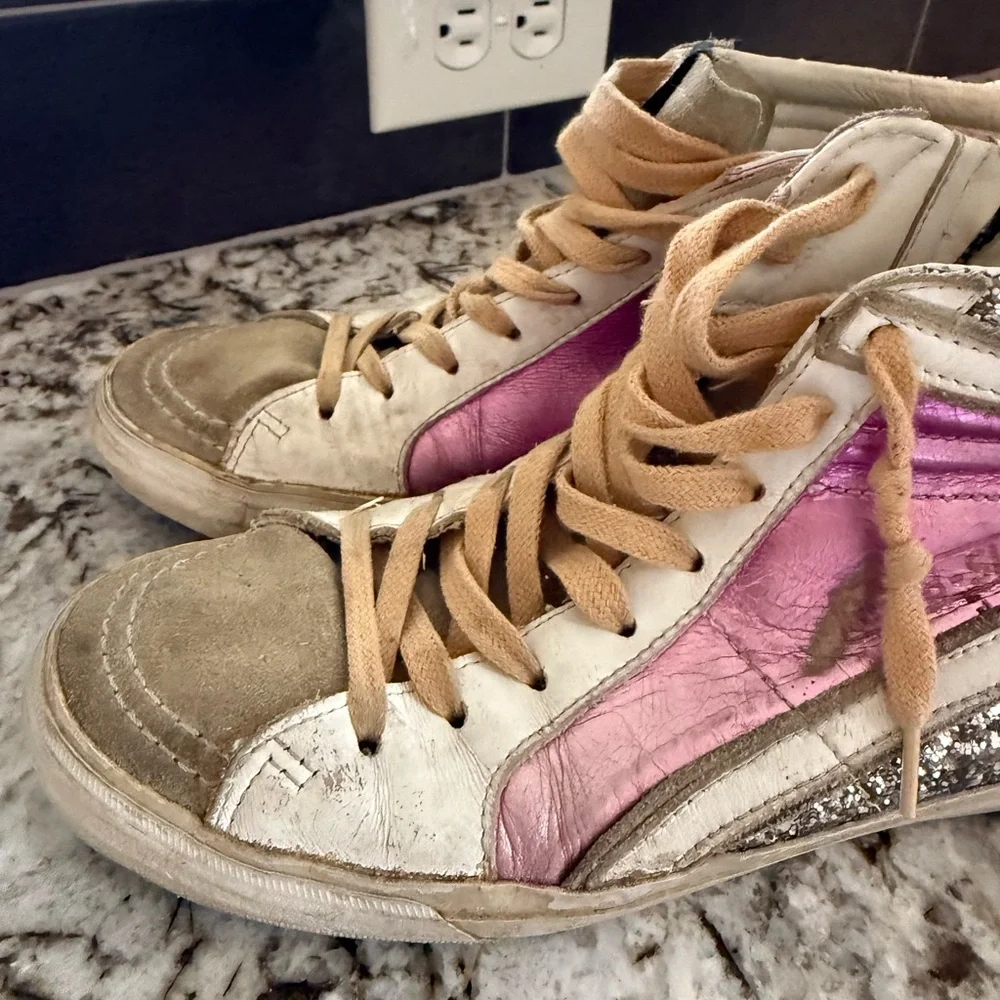 Golden Goose Pink and Silver Glitter Sneakers with Blue Star - Picture 2 of 6